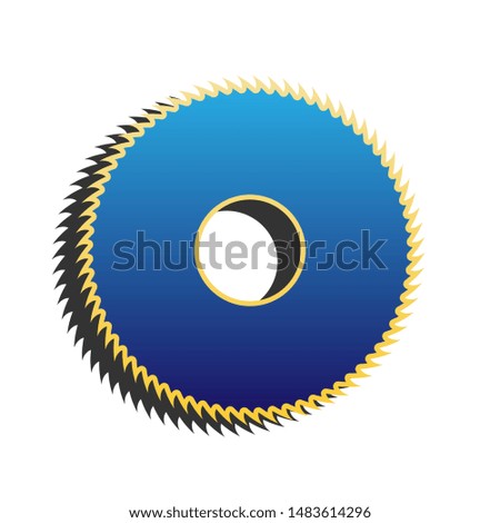 Saw sign. Blue icon with gold contour with dark gray shadow at white background. Illustration.