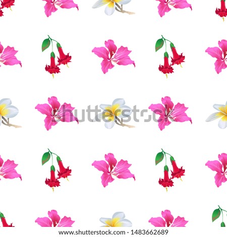 Red Angel Trumpet. Pink Bauhinia Purpurea. White Plumeria. Vector illustration. Seamless background pattern. Floral botanical flower. Wild leaf wildflower isolated. Exotic tropical hawaiian jungle.