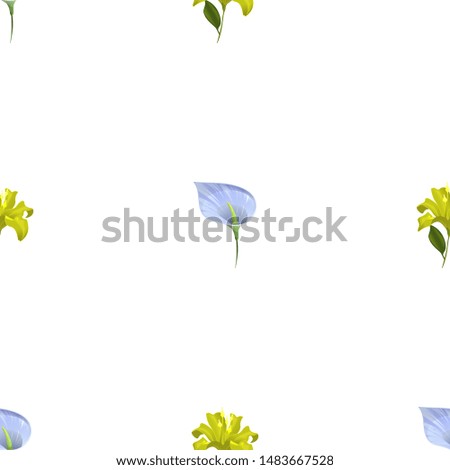 Blue Anthurium Tailflower. Yellow Lilium. Vector illustration. Seamless background pattern. Floral botanical flower. Wild leaf wildflower isolated. Exotic tropical hawaiian jungle. Fabric wallpaper.