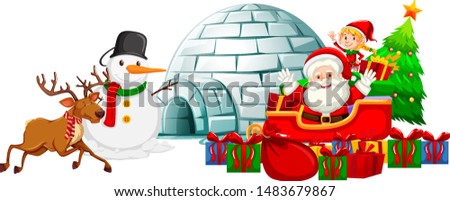 Santa on sleigh and snowman by igloo illustration