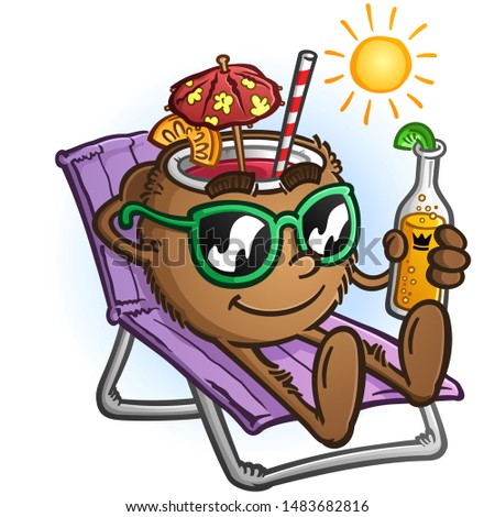 A relaxed tropical coconut drink cartoon character wearing sunglasses and drinking a beer on a sunny vacation