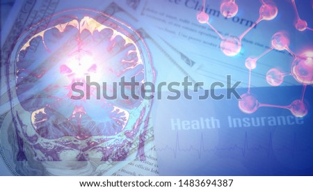 double exposure background of health insurance card on insurance claim form with pen overlay with x-ray photo of human brain and pulse of heart