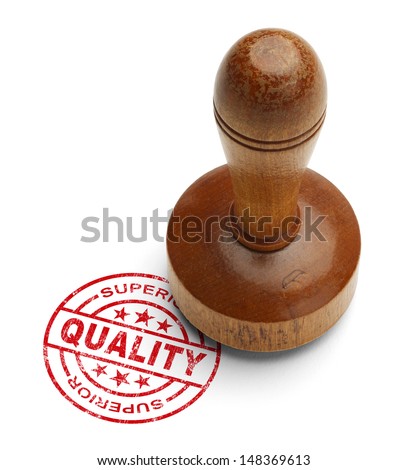 Red superior quality stamp with wooden stamper isolated on white background. Royalty-Free Stock Photo #148369613