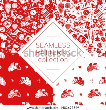 Simple seamless pattern with a variety of elements: Christmas trees, snowflakes, stars, deer, socks, balls, floral motifs, angels. For holiday celebrations Scandinavian Nordic style. Christmas, new ye