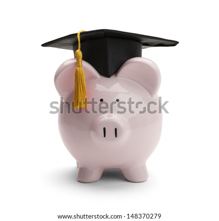 Piggy Bank with Black Graduation Hat Isolated on White Background.