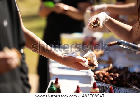 Series of bbq cookout grill images depicting sausages, steak and fried onion sandwiches. Sausage sizzle and snag sangas.  Royalty-Free Stock Photo #1483708547