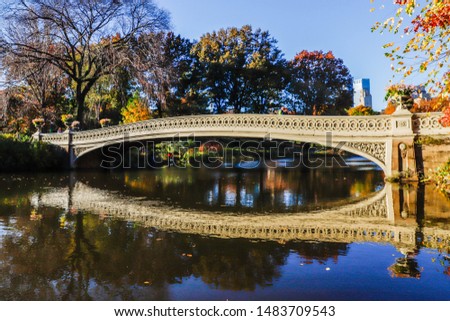 View of colorful foliage trees on the Bow Bridge in Central Park during the fall in New York City in the United States.
