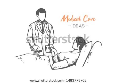 Sketch draw of young male doctor examining and consulting for health condition to the sick female patient. Healthcare hand drawn concept. Isolated vector illustration design with white background