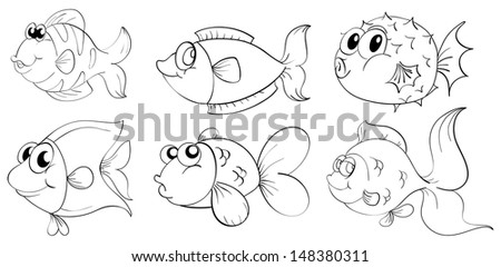 Illustration of the silhouettes of fishes on a white background 