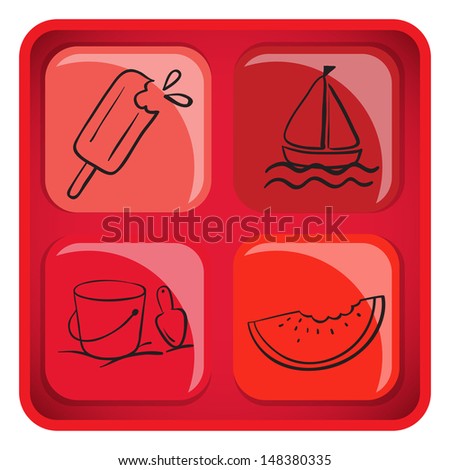 Illustration of a cube with foods and things for summer on a white background 
