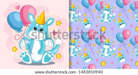 hand drawn cute dragon and balloons with pattern set