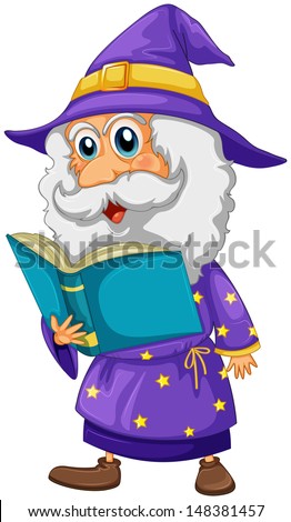 Illustration of a wizard holding a book on a white background