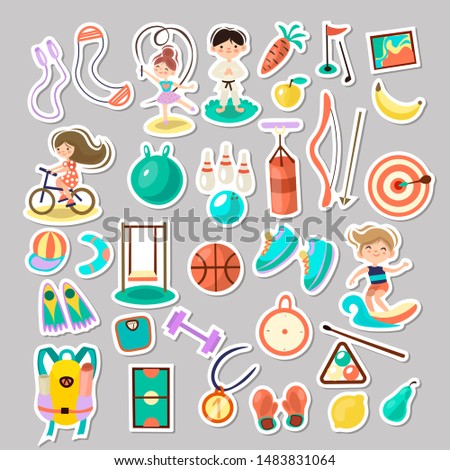 Kids doing sport games, vector cartoon illustration. Playing, jumping, swimming boys and girls with sports equipment, balls. Sport games and summer kids activities with equipment on white background