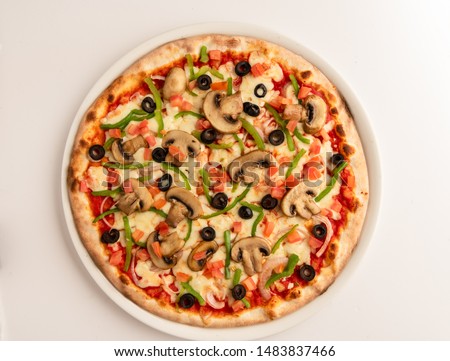 Vegetable Pizza Top View Isolated on White Plate