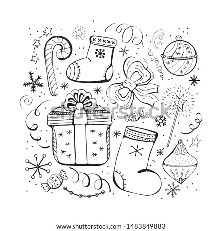 Set of Christmas and new year winter icons. Candy, gift, snowflakes, boots, bow, Christmas toys, serpentine, garland. Hand drawn monochrome set, black and white set. Happy holiday. 