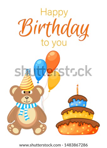 Party set with bear and colorful items on a white background. Inscription "Happy Birthday". Multicolored. Vector.