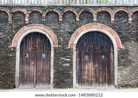 Ancient wooden door, old wooden doors of european building background.
