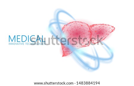 Human liver reconstruction therapy medical concept. Pharmacy drugstore banner cure recover hepatitis health care. Low poly polygonal 3D glowing vector illustration Royalty-Free Stock Photo #1483884194
