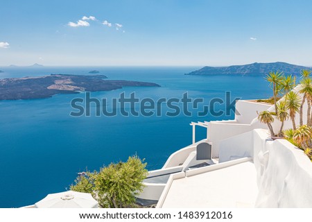 Sea view from balcony in Cyclades style with amphora. Oia, Fira, Santorini island, Greece. Beautiful white architecture, Europe travel banner, summer vacation concept, beautiful sea view