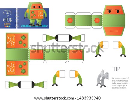 Cut and glue robot toy vector illustration. Paper craft and educational worksheet with funny robotic character for preschool kids. Cutout activity for children 