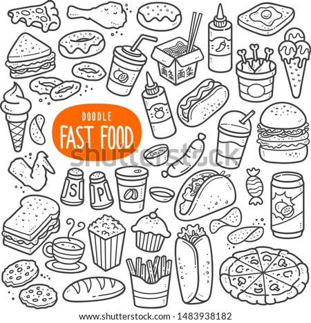 Fast food doodle drawing collection. Food such as pizza, burger, donuts, chicken wing, onion ring etc. Hand drawn vector doodle illustrations in black isolated over white background.