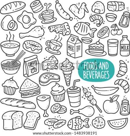 Food and beverages doodle drawing collection. Food and beverages such as bread, egg, fruits, cookie, meat etc. Hand drawn vector doodle illustrations in black isolated over white background.