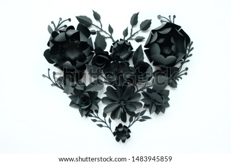 Black paper flowers, floral background, bridal bouquet, wedding, quilling, Valentine's day greeting card, heart shape