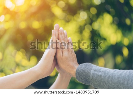 concept Startup Group of diversity people volunteer, unity togetherness or community. Close up hands high five as teamwork together greeting power tag team, Collaboration, CSR, trust success, honesty
