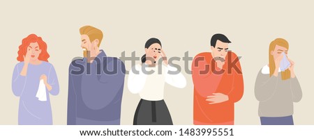 Set of vector illustrations of people suffering from various symptoms of the common cold and flu. Characters with headache and ear pain, runny nose and cough are isolated on a light background Royalty-Free Stock Photo #1483995551