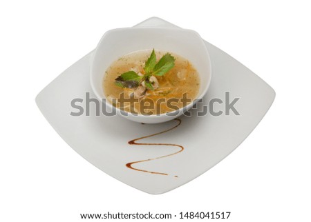 Noodles soup with greens on white isolated background