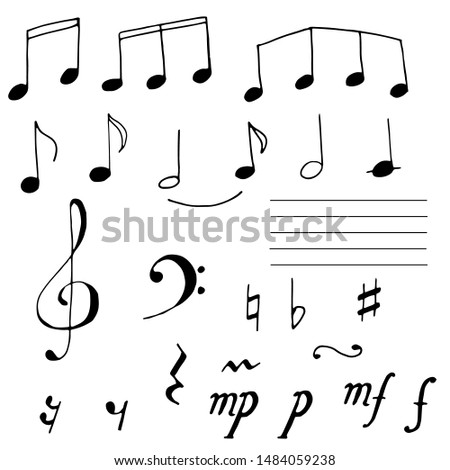 set of musical notes signs. doodle sketch hand draw notes, treble clef, forte and piano.  Print or Poster Design, Card, dishes, clothes, web sites, printed materials, textile, wrapping paper