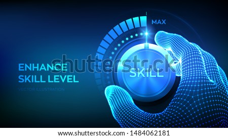 Skill levels knob button. Increasing Skills Level. Wireframe hand turning a skill test knob to the maximum position. Concept of professional or educational knowledge. Vector illustration. Royalty-Free Stock Photo #1484062181