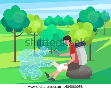 Medical worker online helping hiking man, person with injured knee in forest. Patient with smartphone help online first aid consultation. Holographic projection of doctor. Landscape with greenery flat