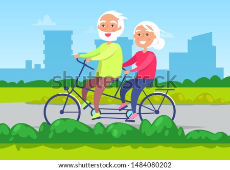 Senior couple riding double bicycle. Grandmother and grandfather cycling together . Elderly people healthy and active lifestyle. Vector illustration in flat cartoon style