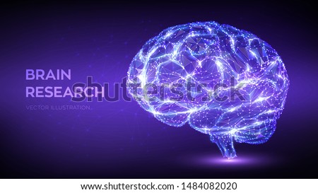 Brain. Low poly abstract digital human brain. Neural network. IQ testing, artificial intelligence virtual emulation science technology concept. Brainstorm think idea. 3D polygonal vector illustration.