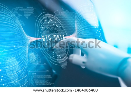 Big data analytics and business intelligence (BI),software development,Fintech,Smart city, IoT concept. Robotic analysis at futuristic interface screen.AI in big data management.
