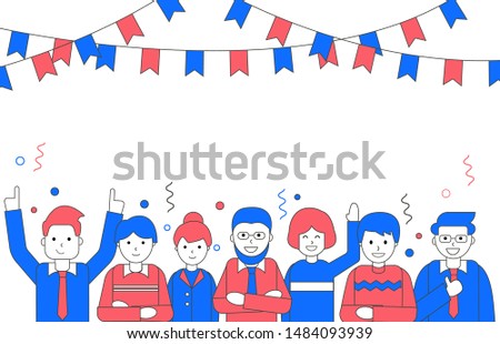 Men and women congratulating viewer. People group congratulation in linear style. Copy space for your text. Minimal vector illustration. Isolated