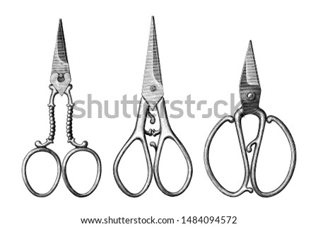 Collection of antique scissors hand draw vintage style black and white clip art isolated on white background,Vintage scissors rare item