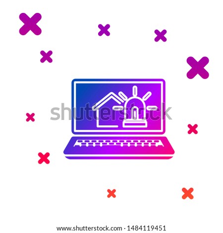 Color Laptop with smart house and alarm icon isolated on white background. Security system of smart home. Gradient random dynamic shapes. Vector Illustration