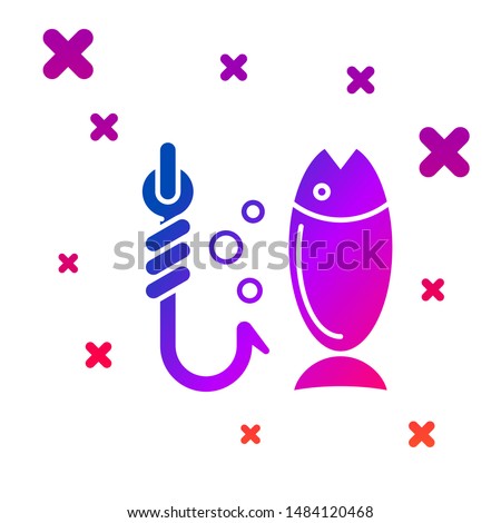 Color Fishing icon isolated on white background. Fish and hook. Strategy concept. Bait sign. Gradient random dynamic shapes. Vector Illustration