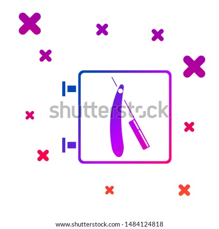 Color Barbershop with razor icon isolated on white background. Hairdresser logo or signboard. Gradient random dynamic shapes. Vector Illustration