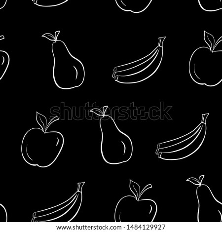 seamless pattern with fruits (apple, pear, banana) drawn outline