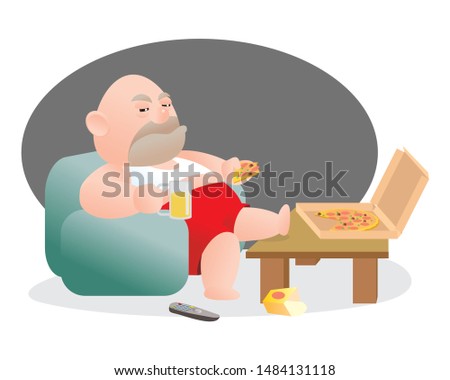 Vector illustration of bald fat man stuck on sofa or watching TV with pizza and beer. Concept of lost job or unhappy man.middle age crisis. Sadness, job lost, breaking relation ship concept.
