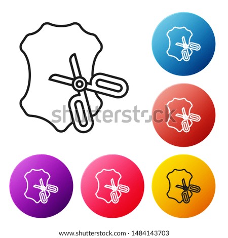 Black line Scissors and leather icon isolated on white background. Tailor symbol. Cutting tool sign. Set icons colorful circle buttons. Vector Illustration