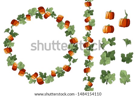 Illustration with orange ripe pumpkin and green leaves. Autumn vector multicolored wreath and seamless brush isolated on white. Saturated color for your holiday design. Template for greeting card.