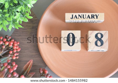 January 8. Date of January month. Number Cube with a flower leaves and bush on Diamond wood table for the background