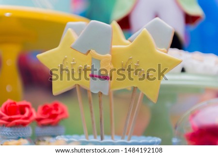 Kids birthday party decoration. Personalized candies. Little prince theme party. Decorated table for child birthday celebration. Close up of decor party.