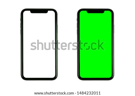 New two smartphones isolated on white background with white screen and green screen