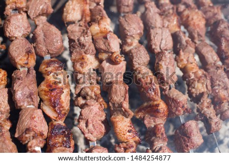 The texture of roasted meat. Appetizing cuts of meat on skewers. Grilled lamb, very tasty food. Kebab background.