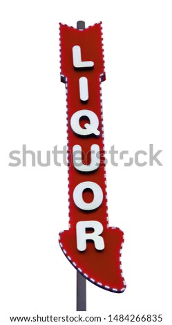 Retro or vintage red liquor store arrow sign isolated on white background including clipping path 